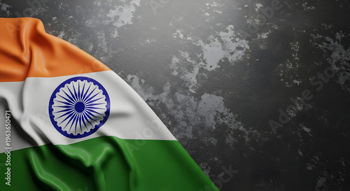 The indian flag waving on a gray background with a textured surface and copy space