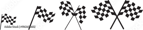 Collection of checkered racing flags of varying sizes and arrangements on white background Keywords: racing flag, checkered flag, checkered