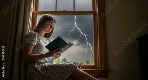 Young woman reading by window during thunderstorm