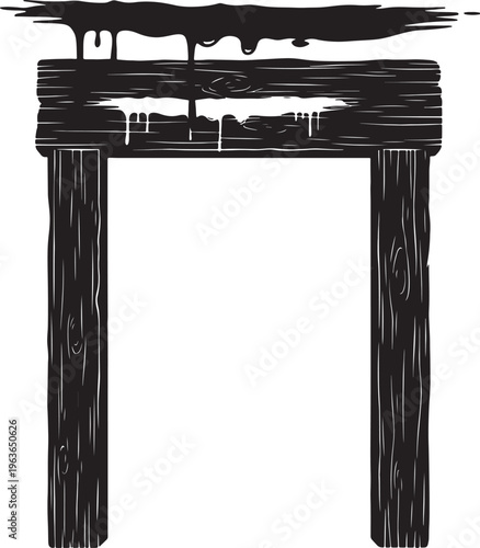 Rustic wooden doorframe with dripping lamb blood symbol for jewish passover exodus story black silhouette vector illustration for religious education.