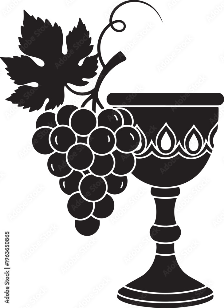Fototapeta premium Ornate grapes and wine goblet, jewish holiday pesach symbol, religious observance, vintage illustration, food and drink, traditional festival icon.