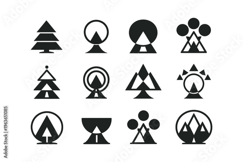 Creative geometric icons featuring abstract mountain and circular designs