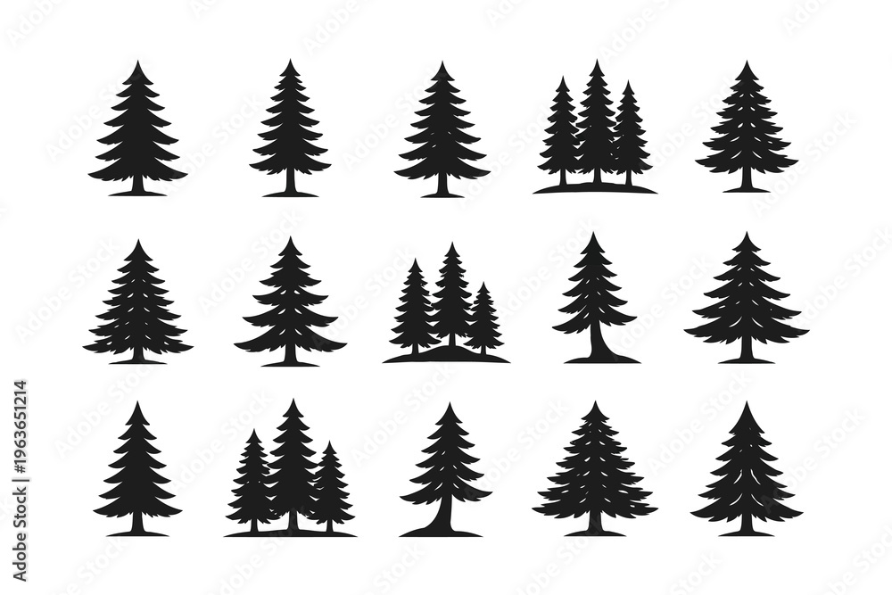 Obraz premium Collection of diverse black and white silhouette-style tree illustrations