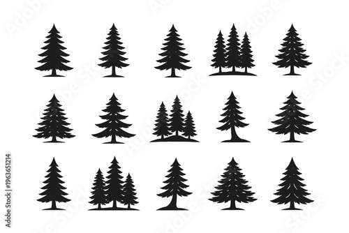 Collection of diverse black and white silhouette-style tree illustrations