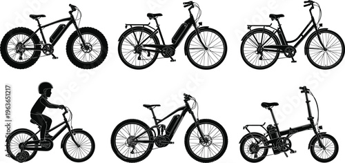Electric bicycle silhouettes collection featuring e bikes mountain city and folding cycles isolated black transport icons for eco friendly mobility and urban design