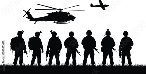 Military soldiers silhouettes with helicopter and aircraft showing armed forces team standing in formation isolated black figures for defense and security concept