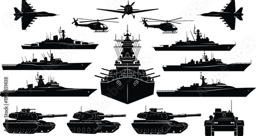 Military vehicles silhouettes collection featuring fighter jets helicopters warships tanks and armored vehicles isolated black icons for defense army navy design