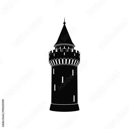 Medieval castle tower silhouette with battlements and conical roof