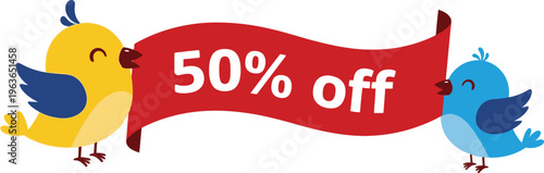 Two cartoon birds holding a red banner with a 50 percent off discount sign
