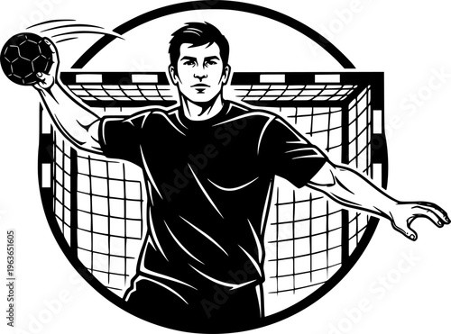 Handball player throwing ball, isolated vector silhouette with distortion effect. Handball logo