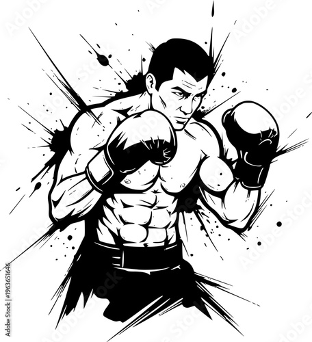 Strong Male Boxer Illustration In Fighting Stance With Gloves And Muscular Torso, Black Ink Sketch