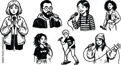 Line art singers holding microphones with braided girl beanie and striped shirt expressive poses