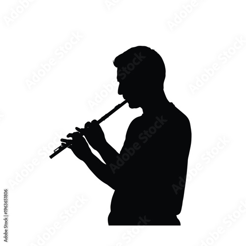 Silhouette of a man playing the flute on a white background
