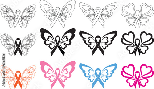 Butterfly ribbon in black pink blue orange and outline