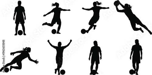 Soccer player silhouettes set showing dribbling kicking jumping and goalkeeping actions isolated black sports figures for football training and athletic design use
