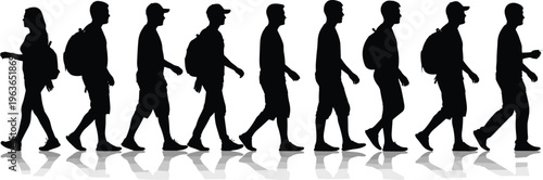 Walking people silhouettes sequence showing urban pedestrians with backpacks and casual outfits isolated black figures for city lifestyle and daily movement design