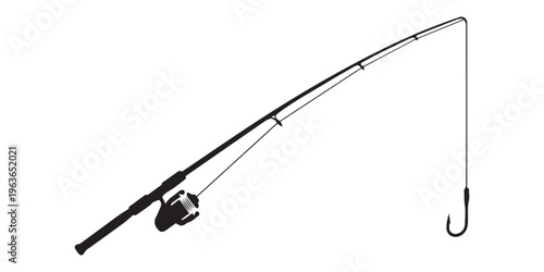 A silhouette fishing rod is angling with a hook on a white background, black and white fishing rods with reels on white background fishing pole, Simple black silhouette , pro
