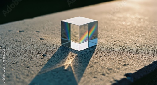 Glass prism reflecting rainbow light on textured surface at sunset