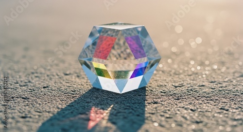 Colorful prism casting multicolored reflection on textured surface
