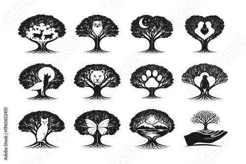 Whimsical tree illustrations featuring various animals and celestial symbols in nature.