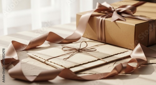 Elegant gift box with ribbon and handmade card on sunny table