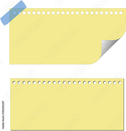 Yellow notebook paper with tape and binder holes, Clean perforated note paper sheet with curled corner, Minimal stationery paper background mockup.