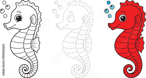 Three cartoon seahorses line trace and color coloring page