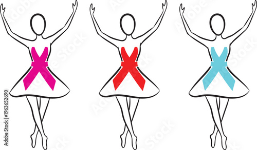 Three stylized dancers in ballet poses with colored accents