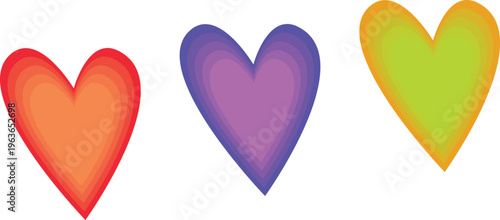 Three layered hearts in warm and cool color gradients