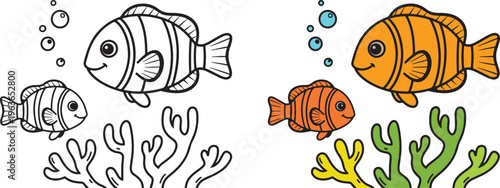 Two cartoon clownfish swimming near colorful coral and bubbles