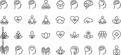 40 Minimalist Line Icons, Meditation, Yoga, and Wellness Symbols, Black and White Vector Graphics
