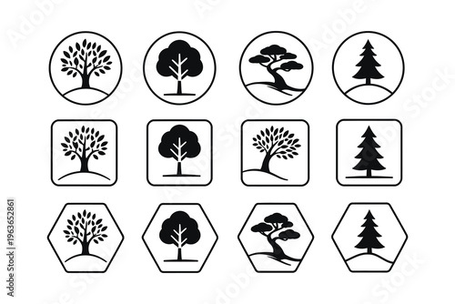 Varied tree icons displayed in circular, square, and hexagonal frames for design use