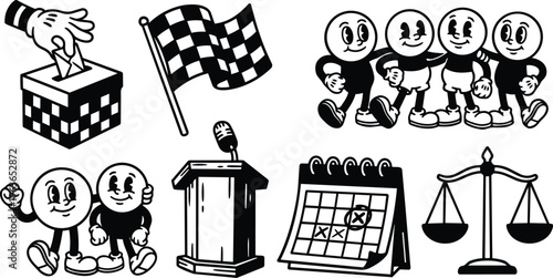 Retro rubber hose ballot box checkered flag smiling round characters podium calendar scales black and white vector icons