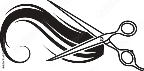 A stylized illustration of scissors cutting a lock of hair in a simple black and white design