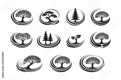 Collection of diverse tree motifs integrated with moon and wave designs in circular frames