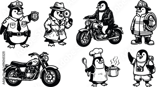 Black and white penguin police detective biker firefighter chef and tourist characters vector line art