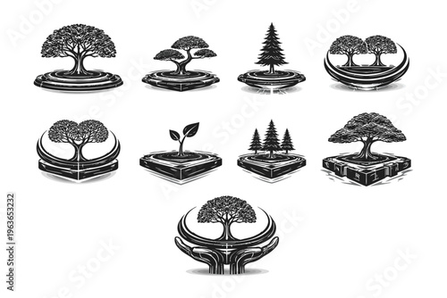 Diverse artistic designs of bonsai trees and forest scenes in planters