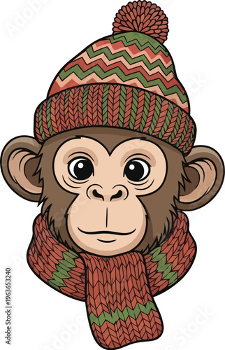 A cartoon monkey wearing a colorful knit hat and scarf on a white background