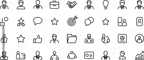 Social media icons, people symbols, communication signs, 30 black line icons