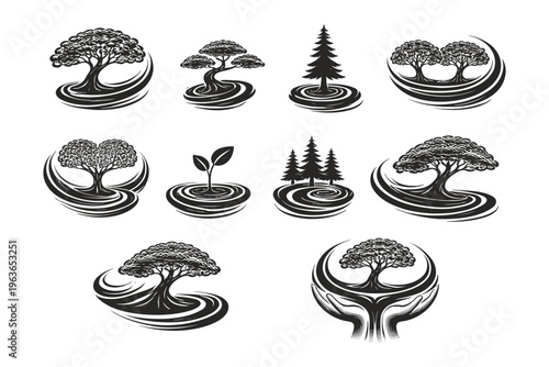 Artistic depictions of various trees with intricate root systems and swirling landscapes