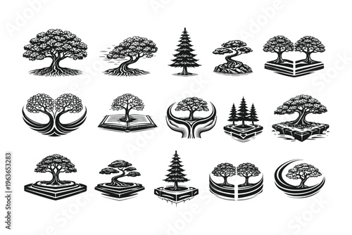 Diverse styles of bonsai trees displayed in artistic black and white illustrations