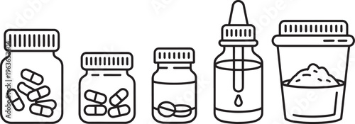 Collection of five black outline representing various medical and pharmaceutical bottles and containers filled with pills and liquid on a white