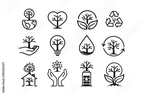 Twelve eco-friendly symbols representing environmental consciousness and sustainability