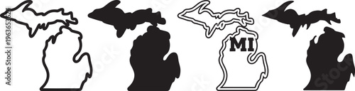 Collection of stylized black and white outlines and solid silhouettes of the state of Michigan including one with the abbreviation MI