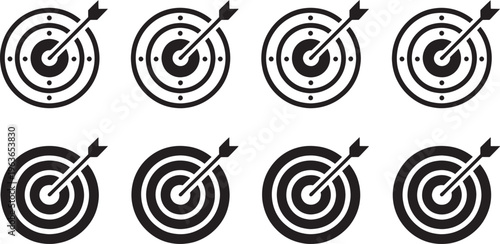 Eight black and white representing archery targets with arrows hitting the bullseye in a grid layout on a white background