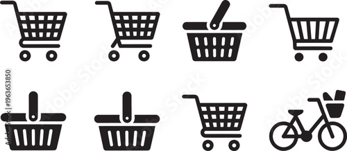 Eight shopping cart and basket in black and white including a bicycle with a basket on a white background