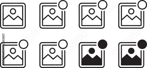 Eight simple black and white outline each featuring a square frame containing a mountain landscape and a circle in the upper right corner which