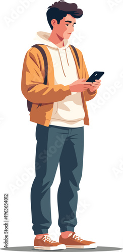 Illustrazione vettoriale di una persona in piedi che guarda lo smartphone. Concetto di comunicazione digitale, social media, tecnologia e connessione, ideale per lifestyle moderno, app e utilizzo quot