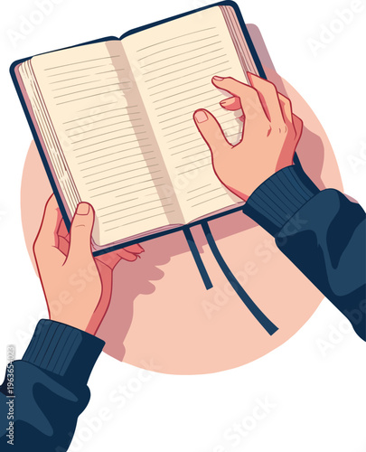 Illustrazione vettoriale di mani che aprono un libro. Concetto di lettura, conoscenza, studio, apprendimento e scoperta, ideale per educazione, cultura e contenuti editoriali.