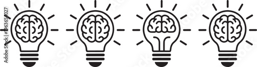 Four black and white of a light bulb containing a human brain symbolizing ideas innovation and intelligence on a white background